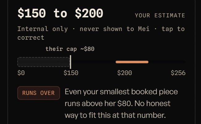 A way-over-budget inquiry honestly flagged: the estimate runs over the client cap, with no false fit.